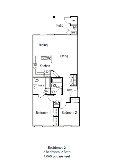 Floor plan for 2 beds, 2 baths, 1060 sqft